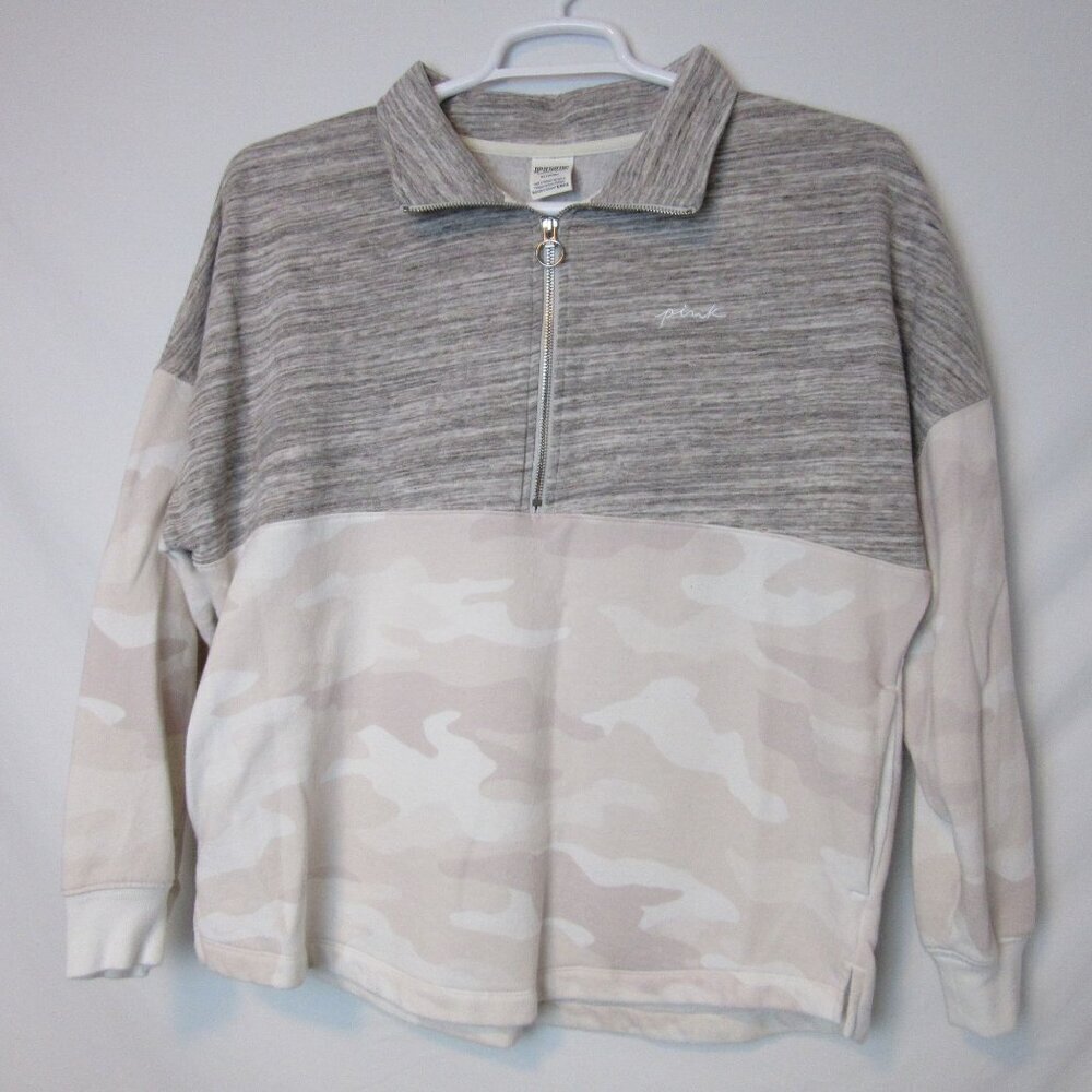 Victoria Secret Sweatshirt Pink Gray Camo 1/4 Zip Cotton Jacket Embroidered Med